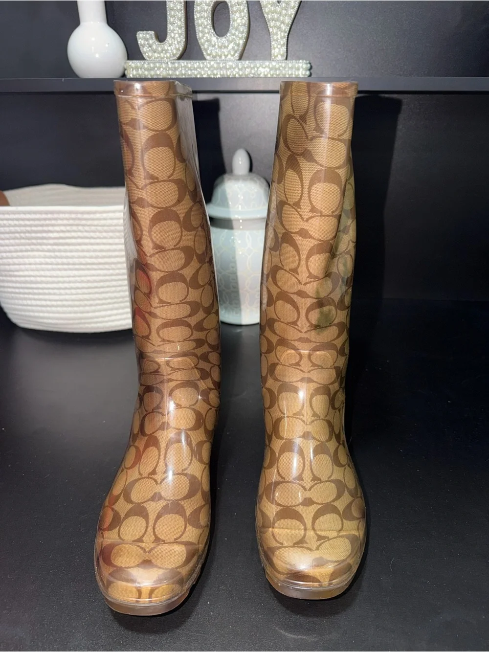 Coach Brown Signature Pattern Waterproof Tall Boots